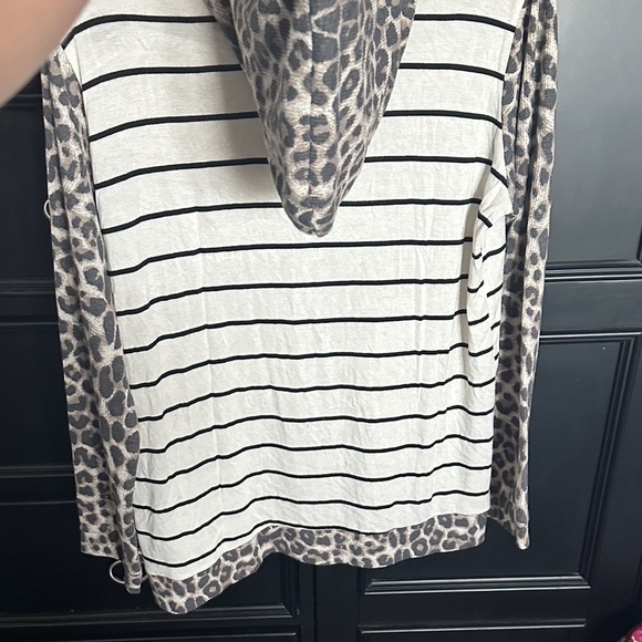 7th Ray Striped and Leopard Print Hoodie - Black, White, Brown - Picture 3 of 5